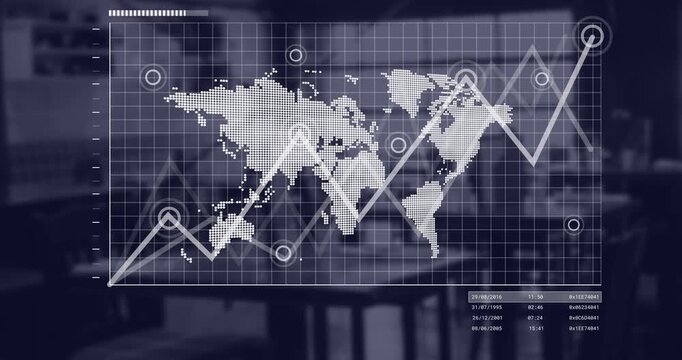 Animation of world map and financial data processing over office
