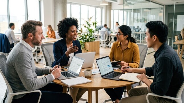 A diverse group of colleagues discussing ideas around a small conference table, laptops and notes nearby, bright office interior, engaged professional energy, ultra-realistic, no logos.
