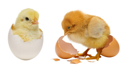Two fluffy chicks one emerging from a white eggshell the other beside a broken brown eggshell, isolated on transparent background © Nina