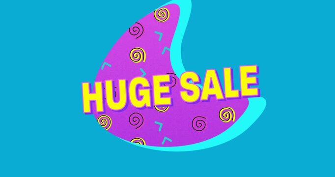 Huge sale text animation over colorful abstract shapes on blue background