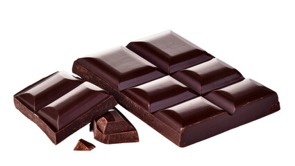 Fototapeta premium Dark chocolate bar pieces with glossy surface, isolated on transparent background