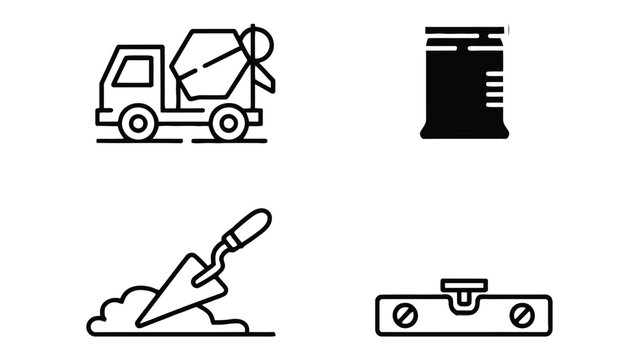 Construction Icons: A collection of minimalist line art icons representing essential tools and elements in the construction industry. The set features a cement mixer, a barrel, a trowel, and a level.