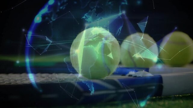 Tennis ball being highlighted on racket net in 3D render with holographic globe and network lines