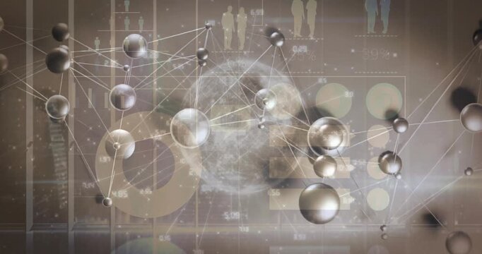 Spheres drifting from edges starting lines connecting pulsing reconfiguring for data visualization