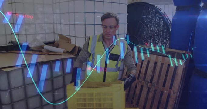 Worker reaching down lifting and pouring yellow crate into tub for processing with chart overlays
