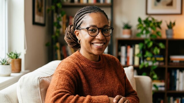 A smiling woman with glasses and a braided hairstyle posing indoors, clean portrait composition, soft flattering light, warm approachable atmosphere, ultra-realistic, no logos.