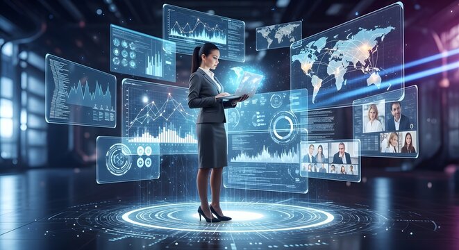 Businesswoman Analyzing Data on Futuristic Interface