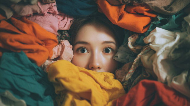 Surprised young woman surrounded by colorful clothes pile overwhelmed wardrobe chaos concept