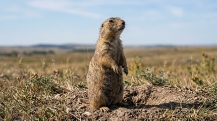 An alert brown prairie dog standing on hind legs and looking upward, textured fur and watchful posture, ultra-realistic, no logos.