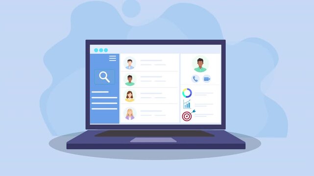 Animated laptop showing a team user dashboard with profile cards and data panels, representing AI management, collaboration, and modern digital workflow in flat motion design.