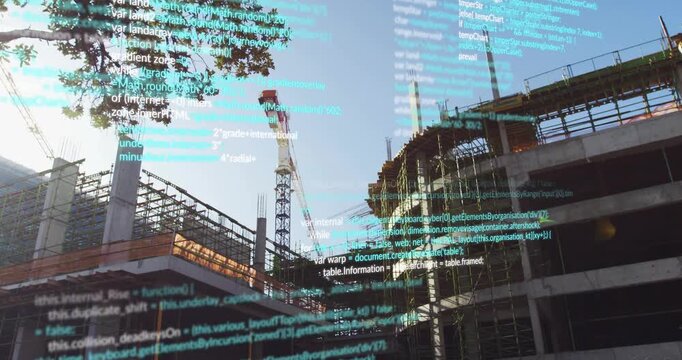 Teal code overlay appearing, tower crane shifting jib while HUD scrolling, showing site progress