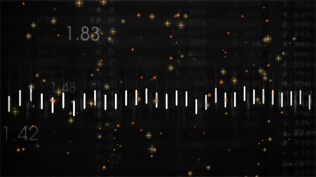 Audio viz starting with polyline appearing, animating bars, sparks, timecodes showing playback