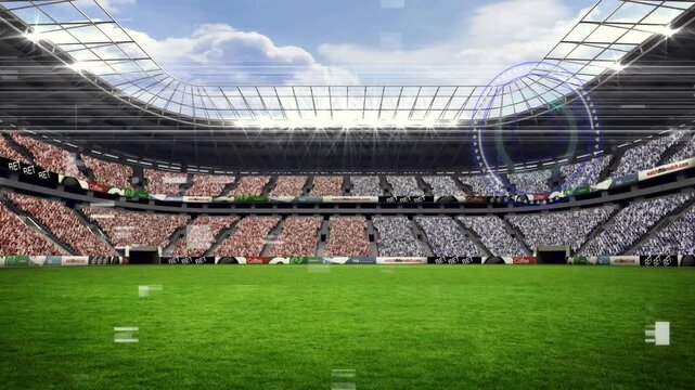 Producer pressing play and launching sports intro scanlines and HUD moving across fans and pitch