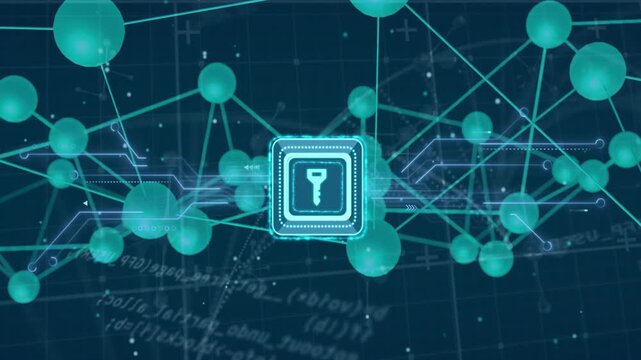 Glowing teal module emitting pulse, nodes drifting and clustering around module, showing data flow