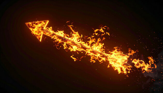 Floating 3D arrow on black, flames trailing edges, abstract representation of ambition and upward trajectory.