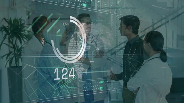 Medical team standing, HUD appearing in front and updating gauge while reviewing patient data