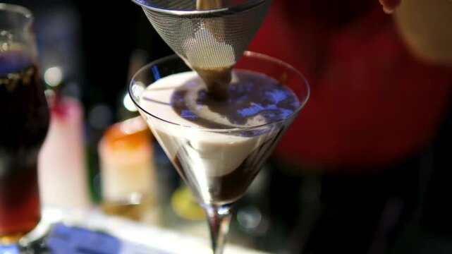 Bartender pouring coffee liqueur cocktail into chocolate rimmed triangular glass bar European nightlife drink beverage
