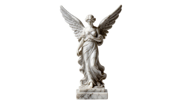 Marble angel statue with outstretched wings, isolated on transparent background