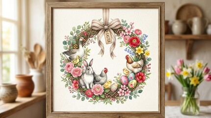 Fototapeta premium A whimsical watercolor Easter wreath set with goose, rabbit, chickens and pink-red flowers, charming seasonal frame with cottagecore softness and festive spring beauty, ultra-realistic, no logos.