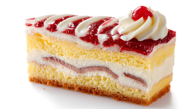 A delectable slice of cake showcasing layers of sponge cake, cream, and luscious berry compote, crowned with a dollop of whipped cream and a cherry. 