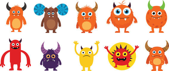 Obraz premium Cute Cartoon Monster Character Set with Funny Colorful Creatures Horns Wings and Different Expressions for Kids Design Stickers and Fantasy Illustration Collection