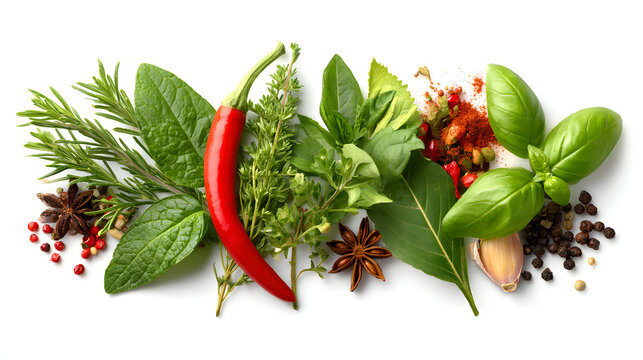 Fresh herbs and spices arranged in a vibrant composition, capturing the essence of culinary artistry and the natural bounty of flavorful ingredients.