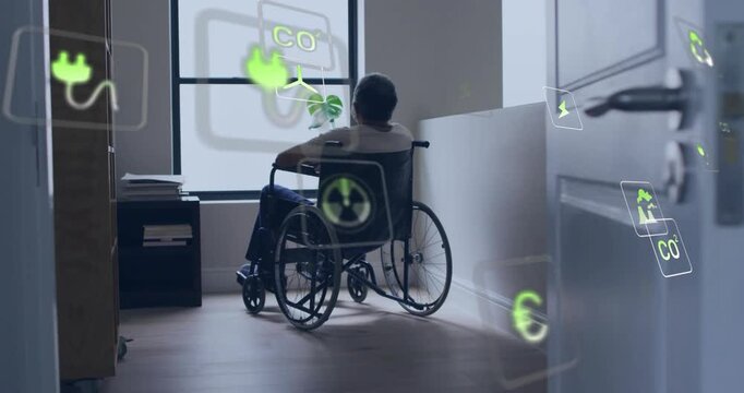 Senior in chair adjusting posture while overlay emitting green energy icons overlapping wheelchair