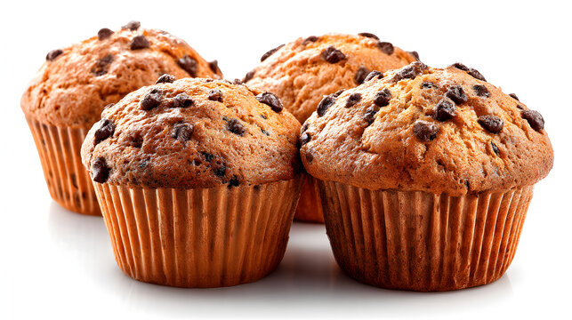 Four freshly baked muffins, generously studded with chocolate chips, stand together in a tempting display of homemade goodness. 