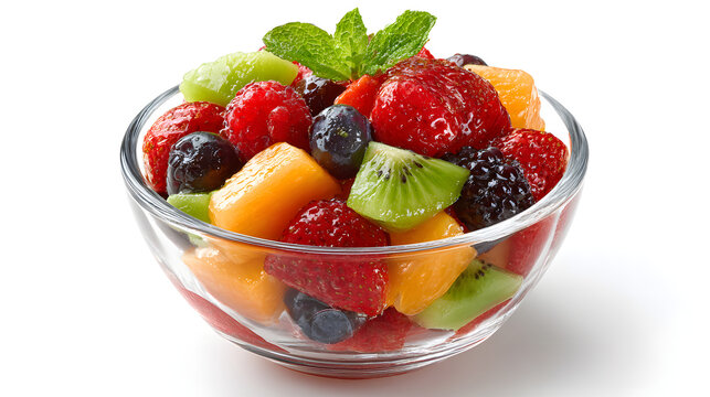 A colorful, appetizing fruit salad in a clear glass bowl, featuring a diverse assortment of fresh, ripe fruits artfully arranged.