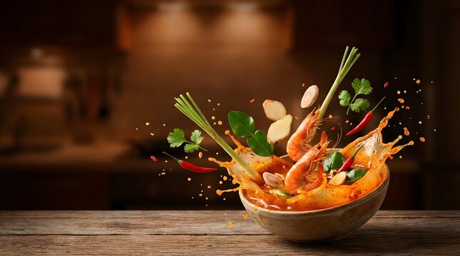 Thai tom yum soup with shrimp splashing