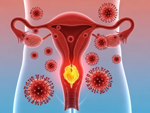 Illustration of female reproductive system with viruses