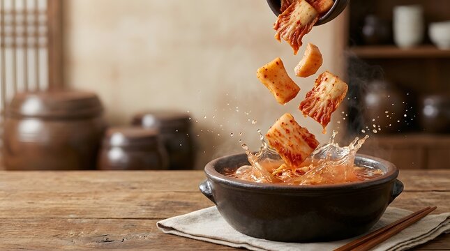 Kimchi pieces falling into boiling pot