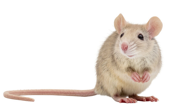 Small fluffy mouse with long tail sitting attentively, isolated on transparent background