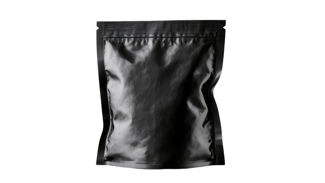 Empty black resealable pouch with zipper closure, isolated on transparent background
