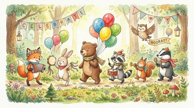 Watercolor parade of cute forest animals with balloons and instruments, charming nursery celebration scene with joyful hand-painted softness, ultra-realistic, no logos.
