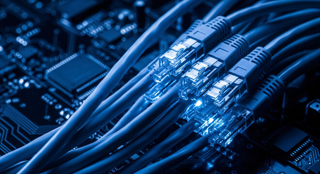 Close-up of Ethernet cables connected to a circuit board with blue tones and shallow depth of field.