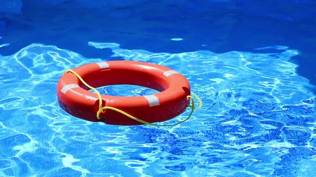 Orange lifebuoy floating in blue swimming pool water. Water safety and rescue equipment concept, summer vacation leisure, help and survival symbol, security and emergency service, drowning prevention