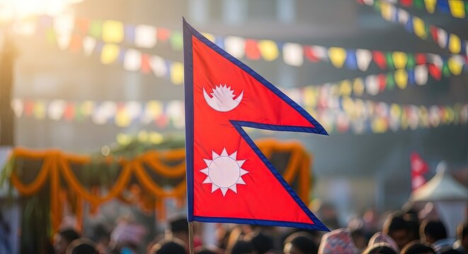 Nepal National Flag with Buddhist Prayer Flags and Festive Marigold Decorations in Cultural Celebration with Crowd and Warm Sunset Light