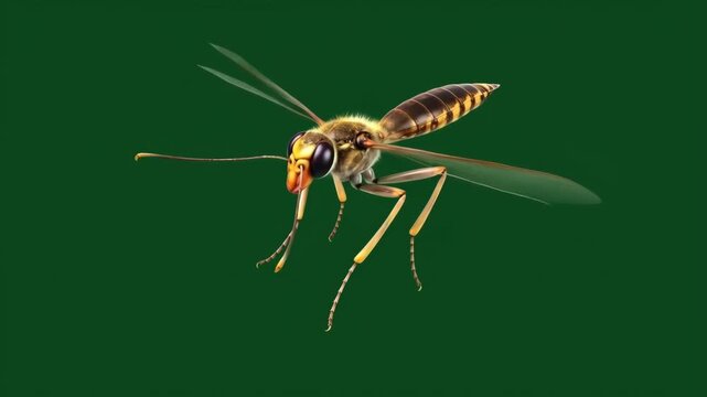 Wasp flying with translucent wings and yellow stripes on a dark green background with copy space featuring insect, animal, wildlife with creature and