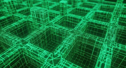 Fototapeta premium Abstract green wireframe grid structure with glowing digital lines in dark space