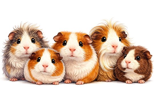 Group of guinea pigs sitting together. Cute fluffy rodents with colorful fur coats. Small domestic pets for animal lovers and veterinary clinic promotion. Nature and wildlife concept.