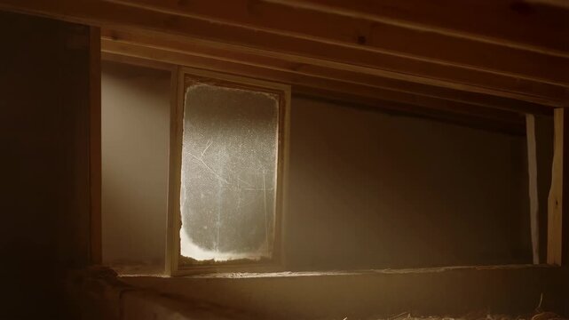 Attic window with frosted glass and wooden beams, illuminated by a natural light shaft, creating a sense of abandonment and mystery.
