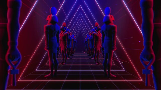 4K seamless  blue and red VJ loop tunnel featuring a stylized, geometric 3D God Horus figure with glowing circuits for VJ sets, stage screens, electronic music festivals and LED video walls