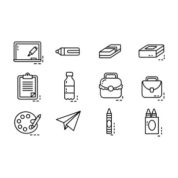 Black and white of school supplies and including tablet computer pencil box crayons paper airplane eraser