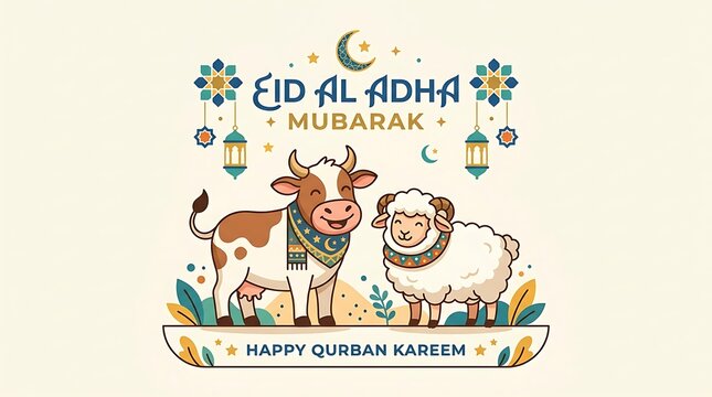 Eid al adha mubarak illustration with cow and sheep for festive season