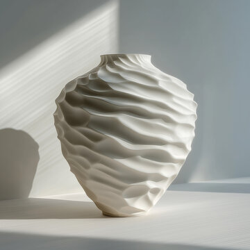 A textured white ceramic vase sits on a surface with light casting shadows
