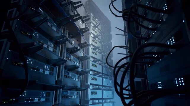 Servers rack with blue lights and cables, server room, technology, data center... featuring IT, network, computer with hardware and wiring elements