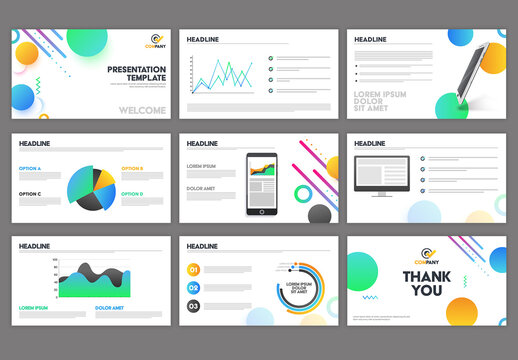 Editable Modern Business Presentation Template Deck with Infographic Charts, Data Visualization Slides and Device Mockups.