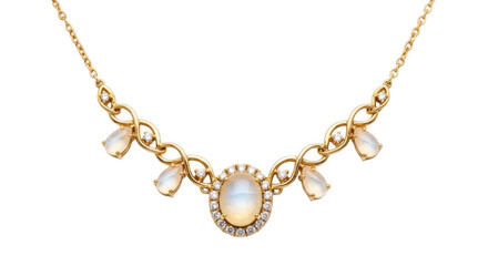 Fototapeta premium Elegant gold necklace with a central oval moonstone surrounded by diamonds and accented with pearshaped moonstones, isolated on transparent background