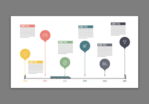 Editable Horizontal Train Journey Timeline Infographic Template with 6 Yearly Milestones and Milestone Pins.